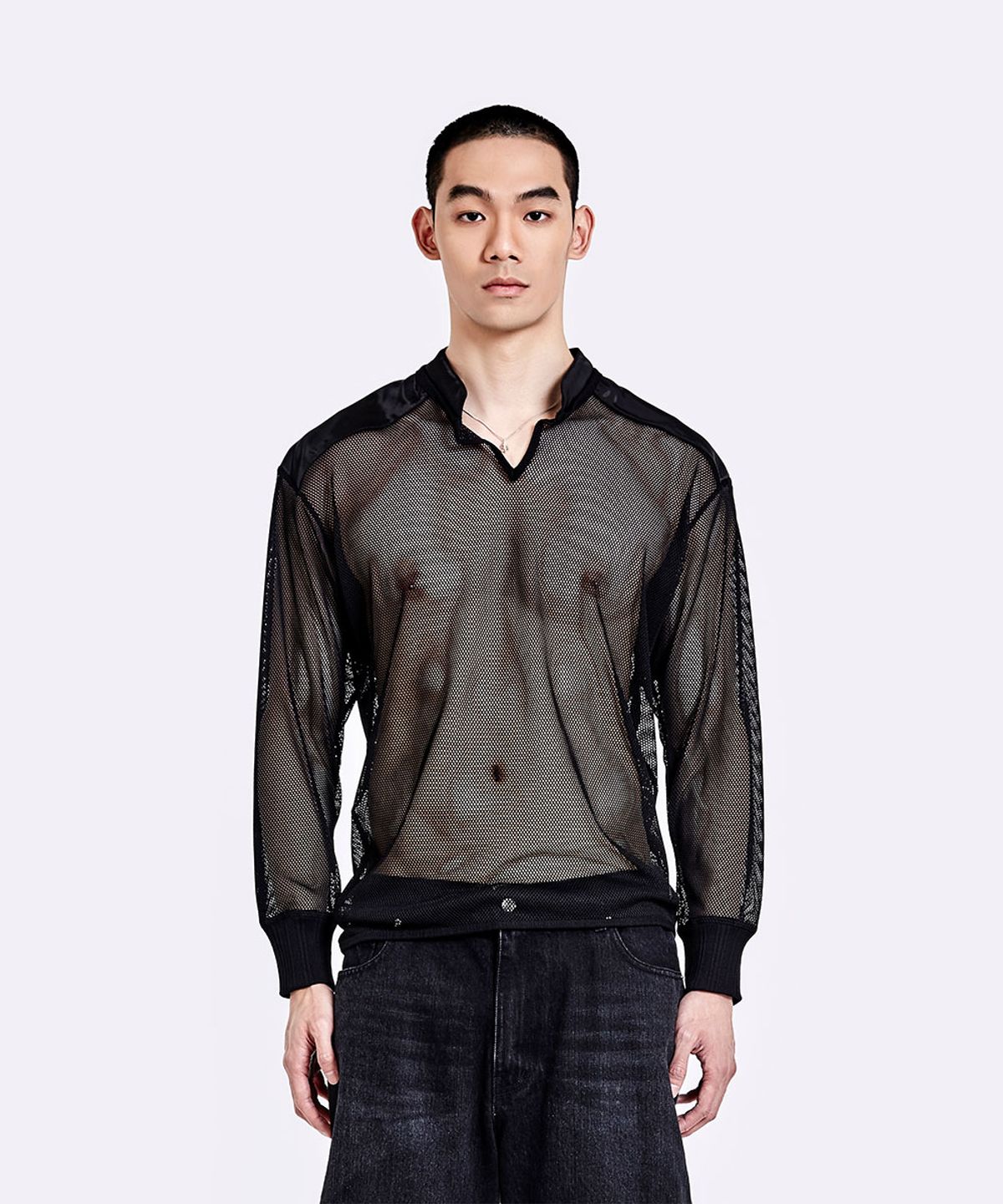 51퍼센트(51PERCENT) Mesh henly neck longsleeve - Black