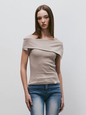 스트라이프 오프숄더 숏슬리브 티셔츠 (베이지)