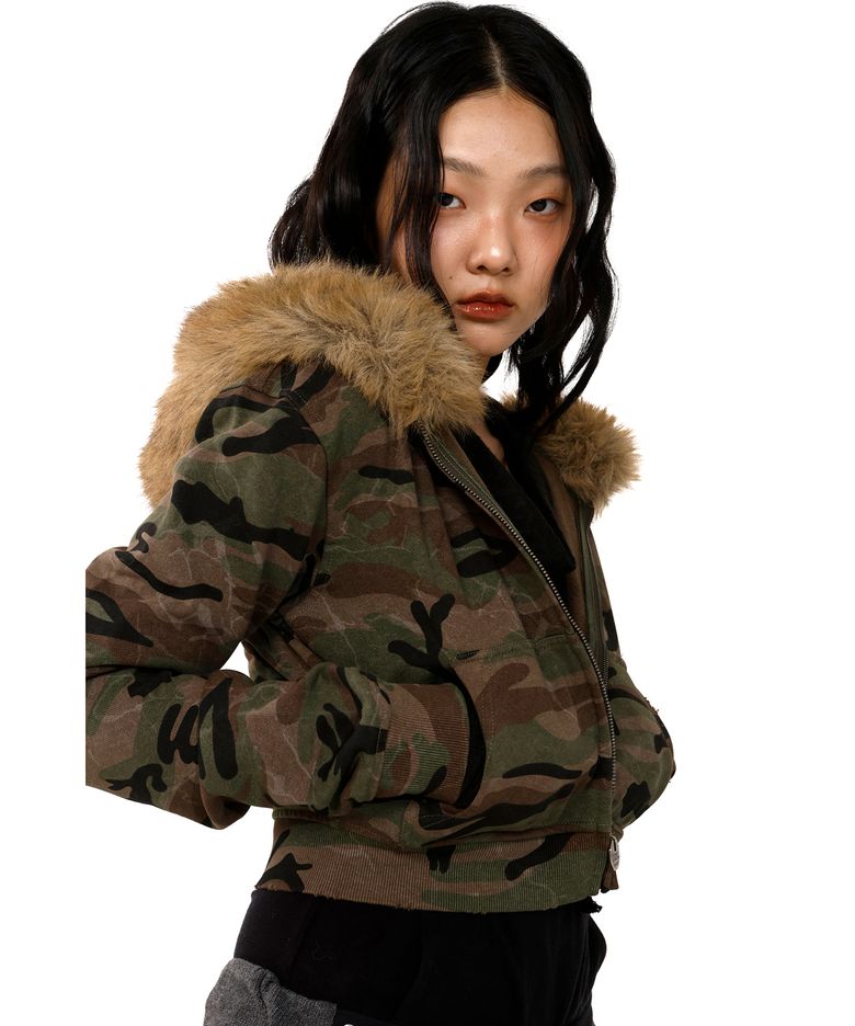 퍼 탈부착 크롭 후디 - 카모