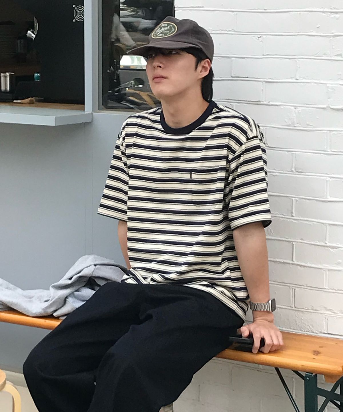 키뮤어(KIIMUIR) 스트라이프 반팔 티셔츠_아이보리