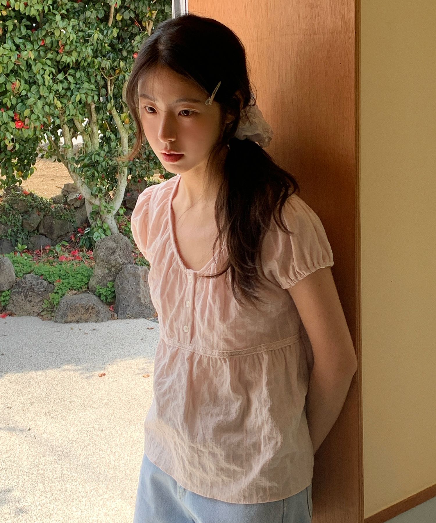 Pure Lace Shirring Blouse (Pink)