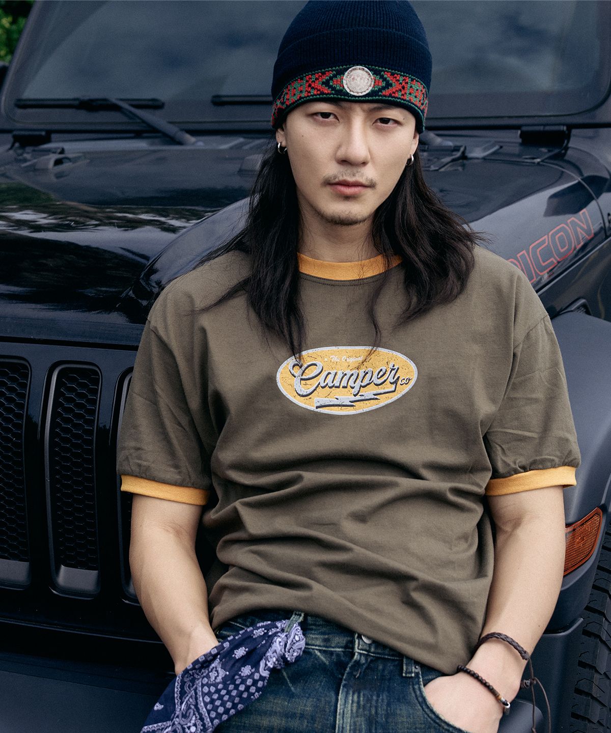 페이크캠퍼(FAKE CAMPER) 크랙 써클 링거 티셔츠 [KHAKI]