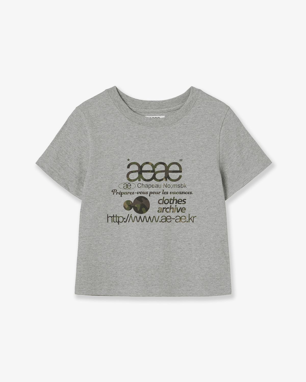 에이이에이이(AEAE) WEB LOGO CROP T-SHIRTS [MELANGE GREY/CAMO]