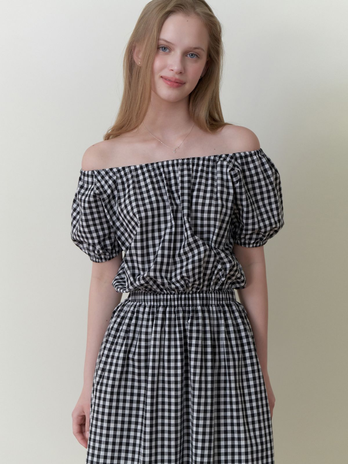리엘(RE L) Pluie shirring dress (black check)