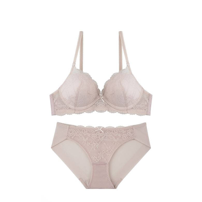 볼륨 노와이어 레이스 브라 팬티 세트_인디핑크