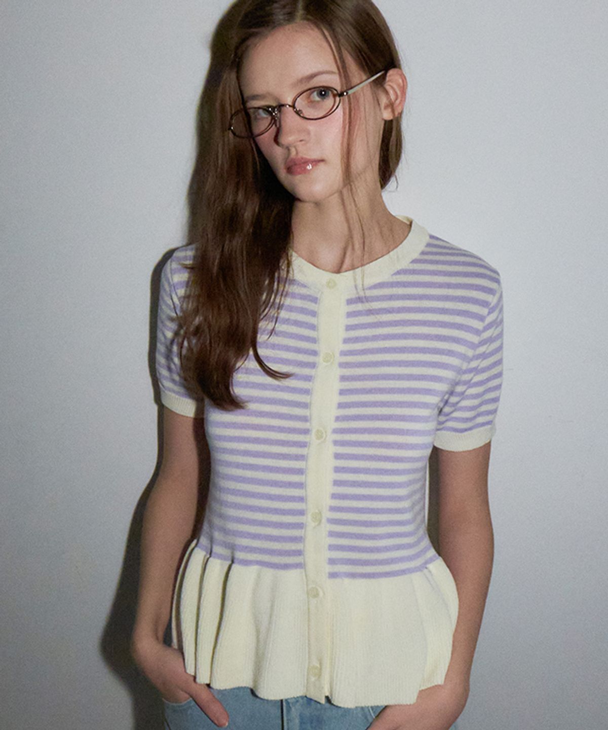 론론(RONRON) RUFFLE SHORT SLEEVE KNIT CARDIGAN PURPLE CREAM