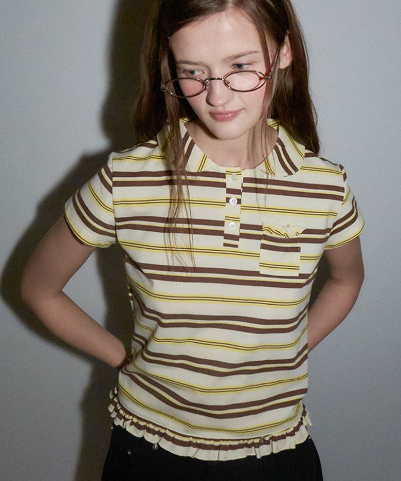 RUFFLE ROUND COLLAR PK T SHIRT CREAM BROWN STRIPE