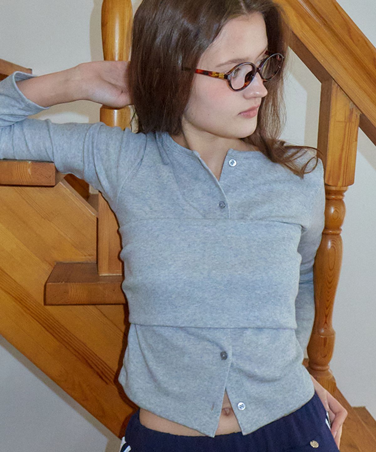 론론(RONRON) LAYERED BUSTIER TIE BACK SLIM FIT CARDIGAN GREY