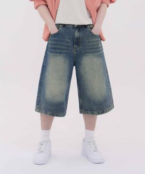 버닝 워싱 버뮤다 스트릿 오버핏 7부 데님 팬츠 유니섹스 (옐로우 틴)