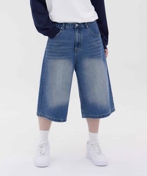 버닝 워싱 버뮤다 스트릿 오버핏 7부 데님 팬츠 유니섹스 (중청)