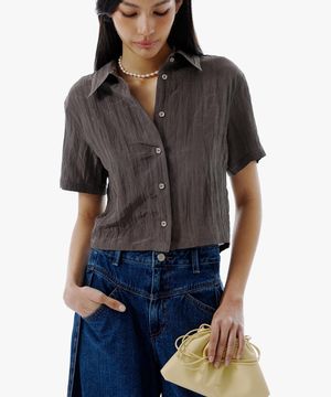 SOLID STRAP DETAIL CROP SHIRT [KHAKI]