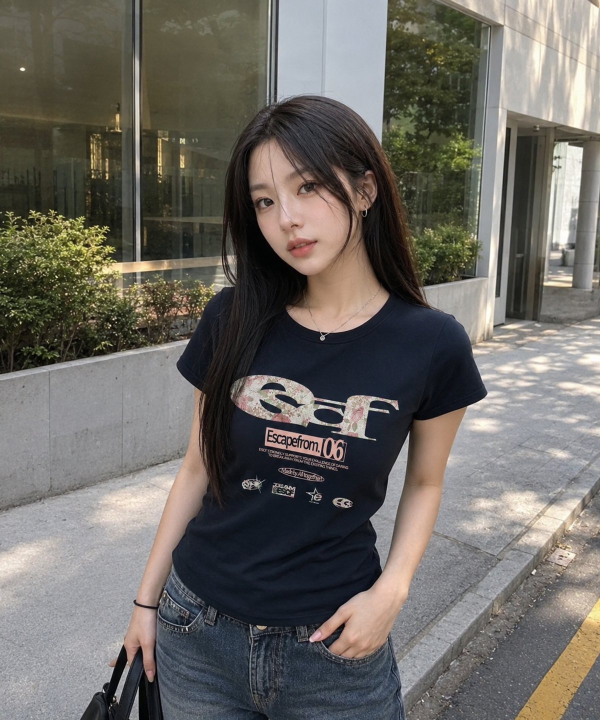 이스케이프프롬(ESCAPEFROM) 플라워 ESCF 로고 콜라주 프린트 슬림핏 반팔티 블랙