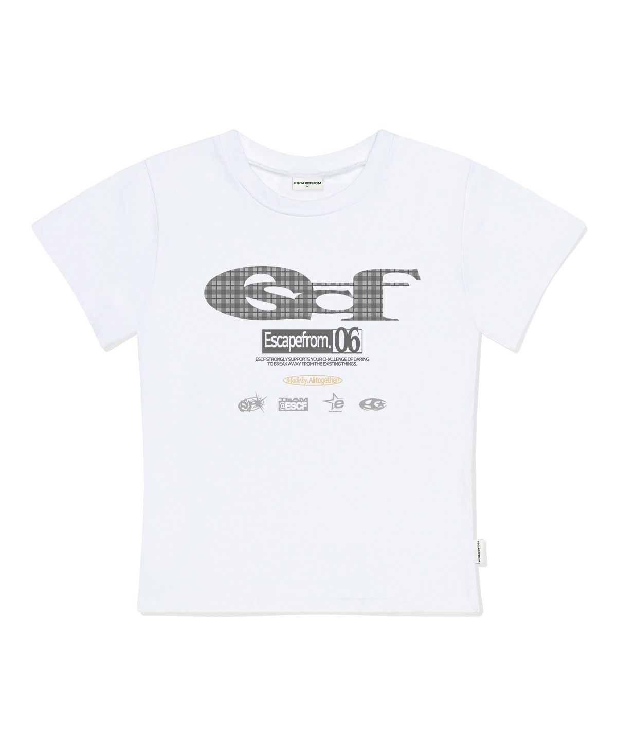 Tシャツ・カットソー ESCAPEFROM ESCF LOGO COLLAGE PRINT TRACK T-shirt MUSINSA | ESCAPEFROM Gray Check ESCF Logo Collage Print Slim