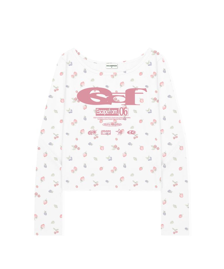 ESCF 로고 콜라주 앤드 빈티지 스트로베리 풀프린트 슬림핏 보트넥 롱슬리브 아이보리