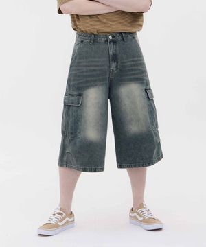 버닝 워싱 버뮤다 스트릿 카고 오버핏 7부 데님 팬츠 유니섹스 (더티)