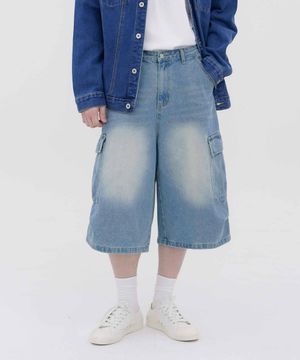 버닝 워싱 버뮤다 스트릿 카고 오버핏 7부 데님 팬츠 유니섹스 (연청 틴)