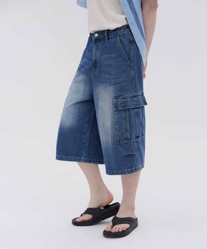 버닝 워싱 버뮤다 스트릿 카고 오버핏 7부 데님 팬츠 유니섹스 (중청)