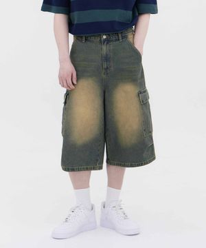 버닝 워싱 버뮤다 스트릿 카고 오버핏 7부 데님 팬츠 유니섹스 (옐로우 틴)