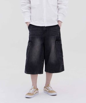 버닝 워싱 버뮤다 스트릿 카고 오버핏 7부 데님 팬츠 유니섹스 (흑청)