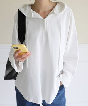 버튼 스트링 후드긴팔 티셔츠