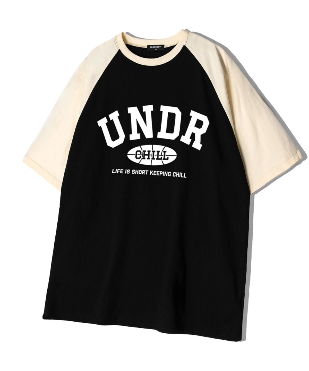 언더오프(UNDEROFF) 오버핏 래글런 반팔 티셔츠 이니셜 아치 로고 블랙