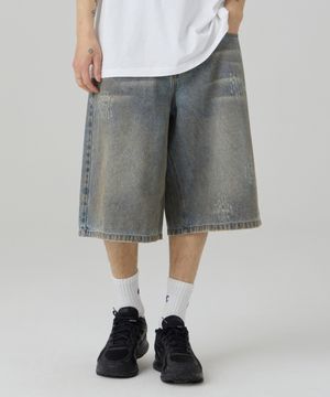 더티 데미지 워시드 버뮤다 데님팬츠 인디고