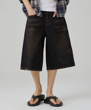 더티 데미지 워시드 버뮤다 데님팬츠 흑청