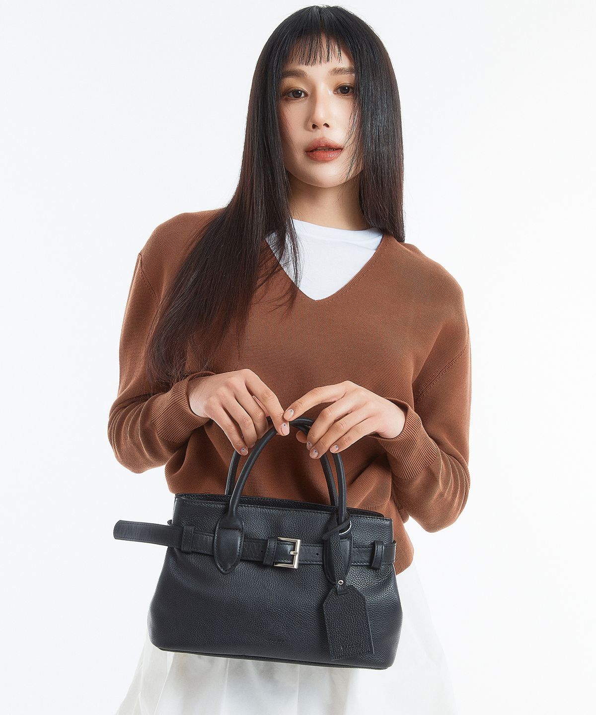 배드지지(BADGIGI) 벨트 레더 미니 토트백, 블랙