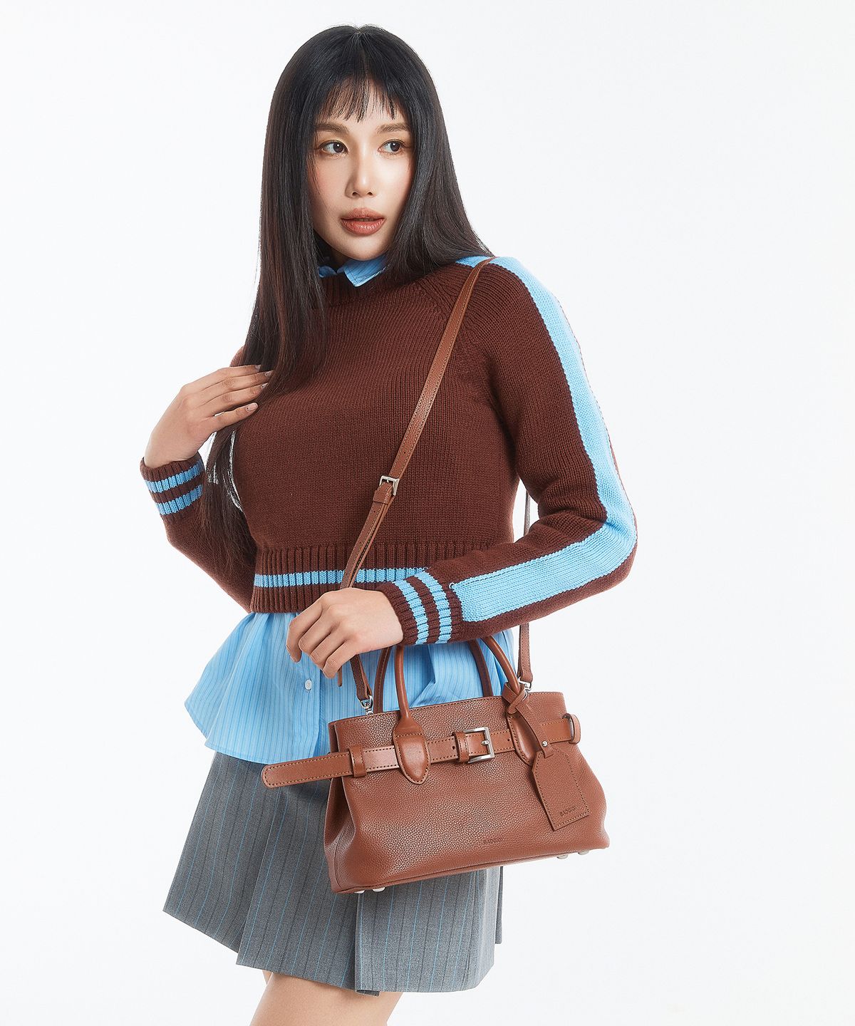 배드지지(BADGIGI) 벨트 레더 미니 토트백, 브라운