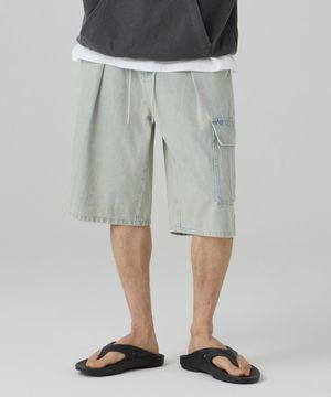 워시드 스트링 카고 버뮤다 데님팬츠 연청