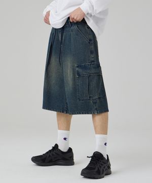 워시드 스트링 카고 버뮤다 데님팬츠 진청