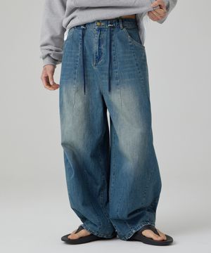 워시드 와이드 벌룬 스트링 데님팬츠 인디고