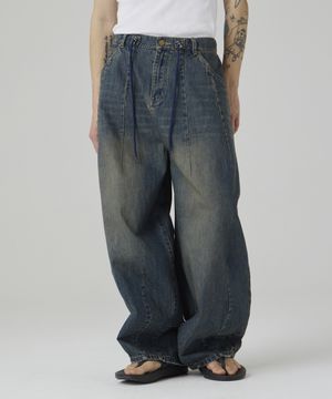 워시드 와이드 벌룬 스트링 데님팬츠 진청