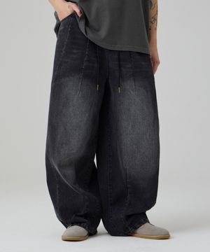 워시드 와이드 벌룬 스트링 데님팬츠 흑청