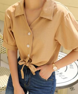 러블리퍼프 크롭 리본 반팔 블라우스