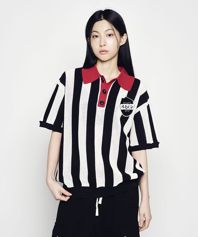 COLLAR POINT STRIPE SHORT SLEEVE KNIT (3COLOR)
