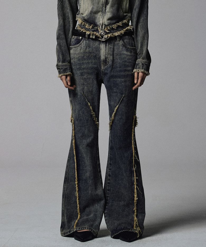 W Cut Off Incision Vintage Denim Pants - Deep Blue