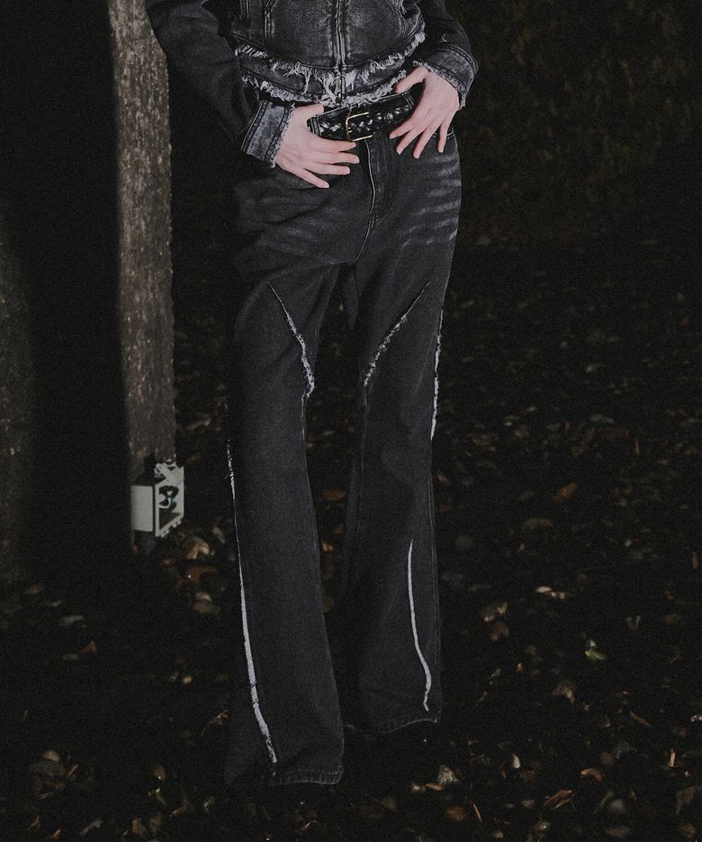 W Cut Off Incision Vintage Denim Pants - Black