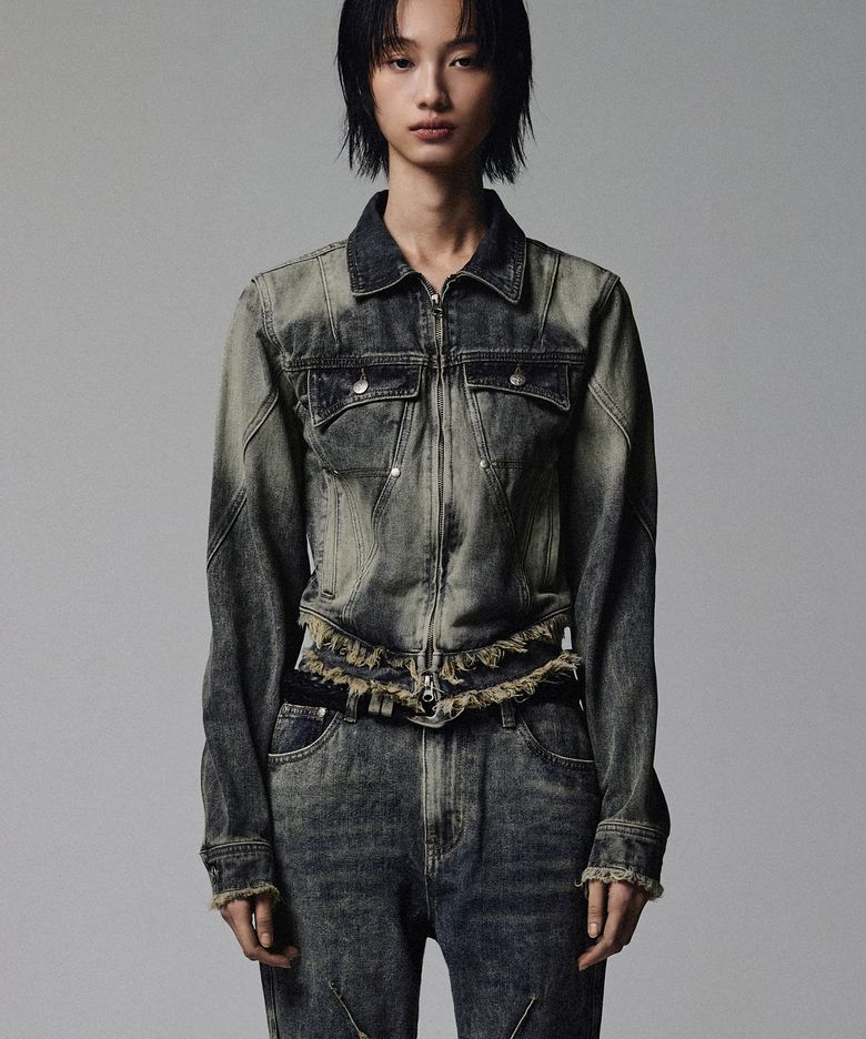 W Cut Off Incision Vintage Denim Jacket - Deep Blue