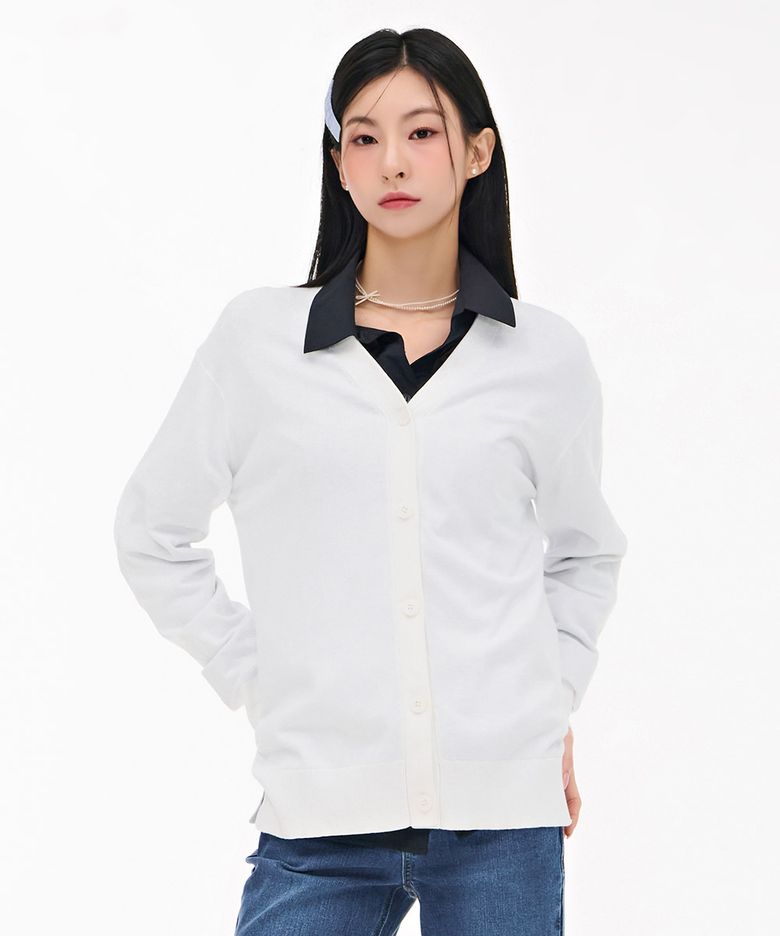 여성 브이넥 롱 가디건-화이트