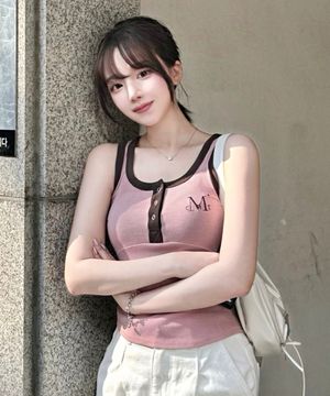 컬러팝 배색 버튼 크롭 골지 나시 (6컬러)