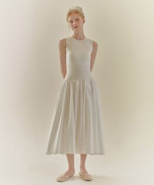 KNIT WOVEN MIXED DRESS_Ivory