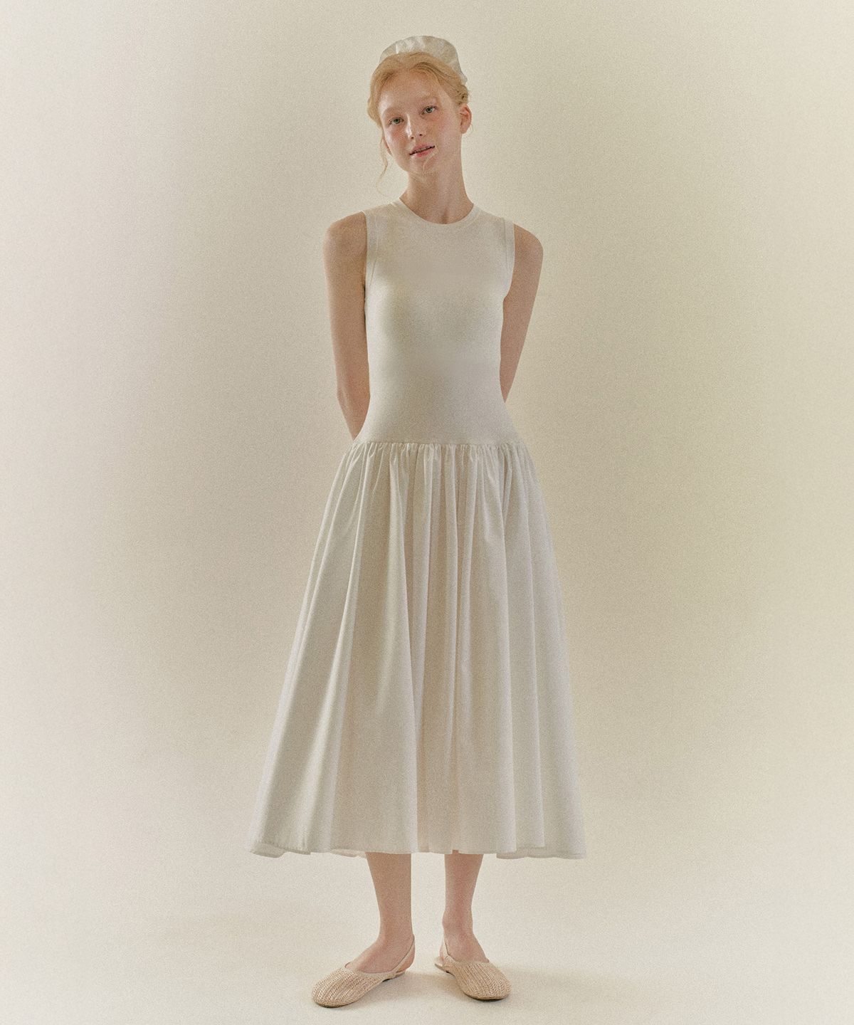 니나코스타(NINACOSTA) KNIT WOVEN MIXED DRESS_Ivory