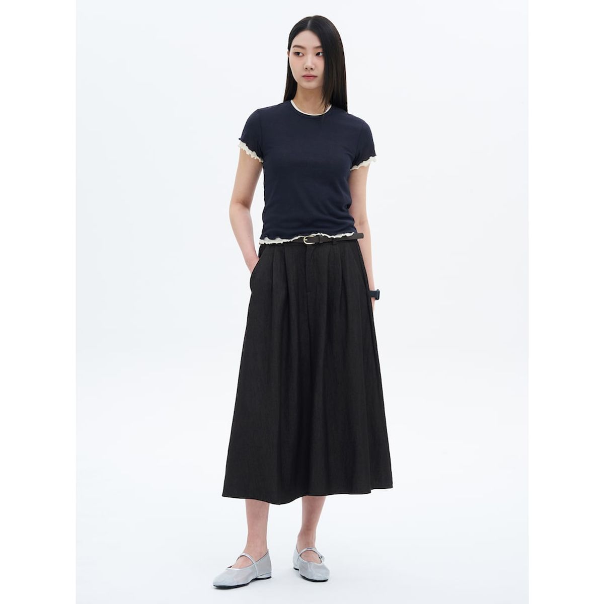 에잇세컨즈(8SECONDS) 벨티드 데님라이크 스커트  블랙