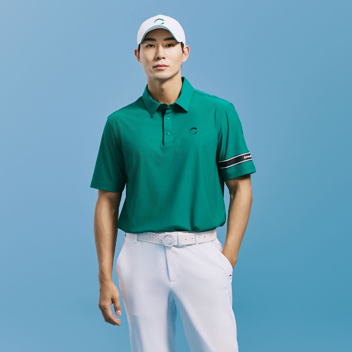 챌린저(CHALLENGER) 남성 폴리 소매 프린트 포인트 카라 반팔 티셔츠 그린