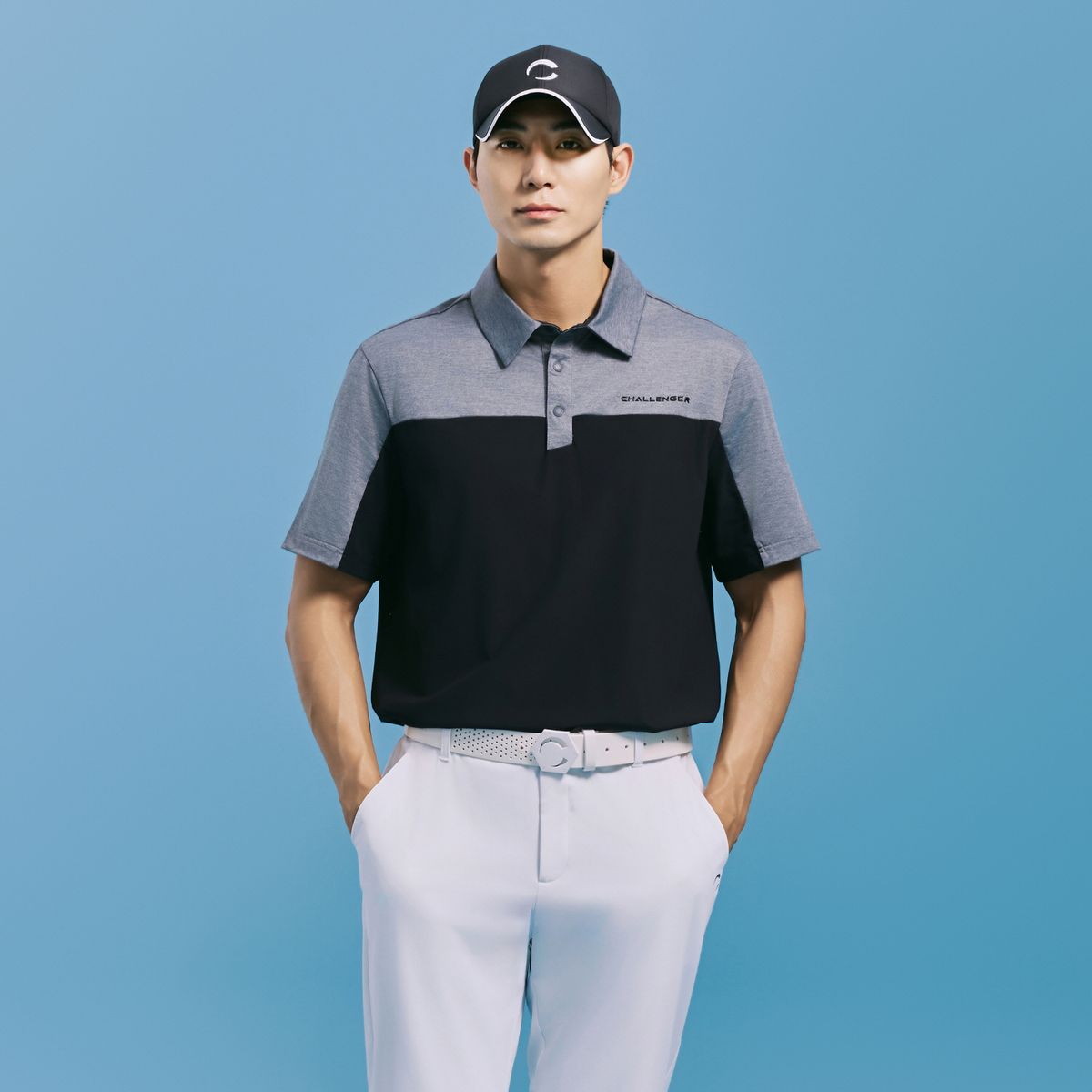 챌린저(CHALLENGER) 남성 트리코트 컬러블록 카라 반팔 티셔츠 블랙