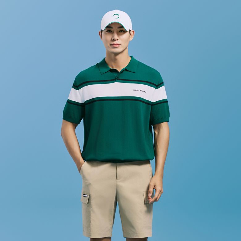 남성 배색 스트라이프 카라 니트 풀오버 다크그린