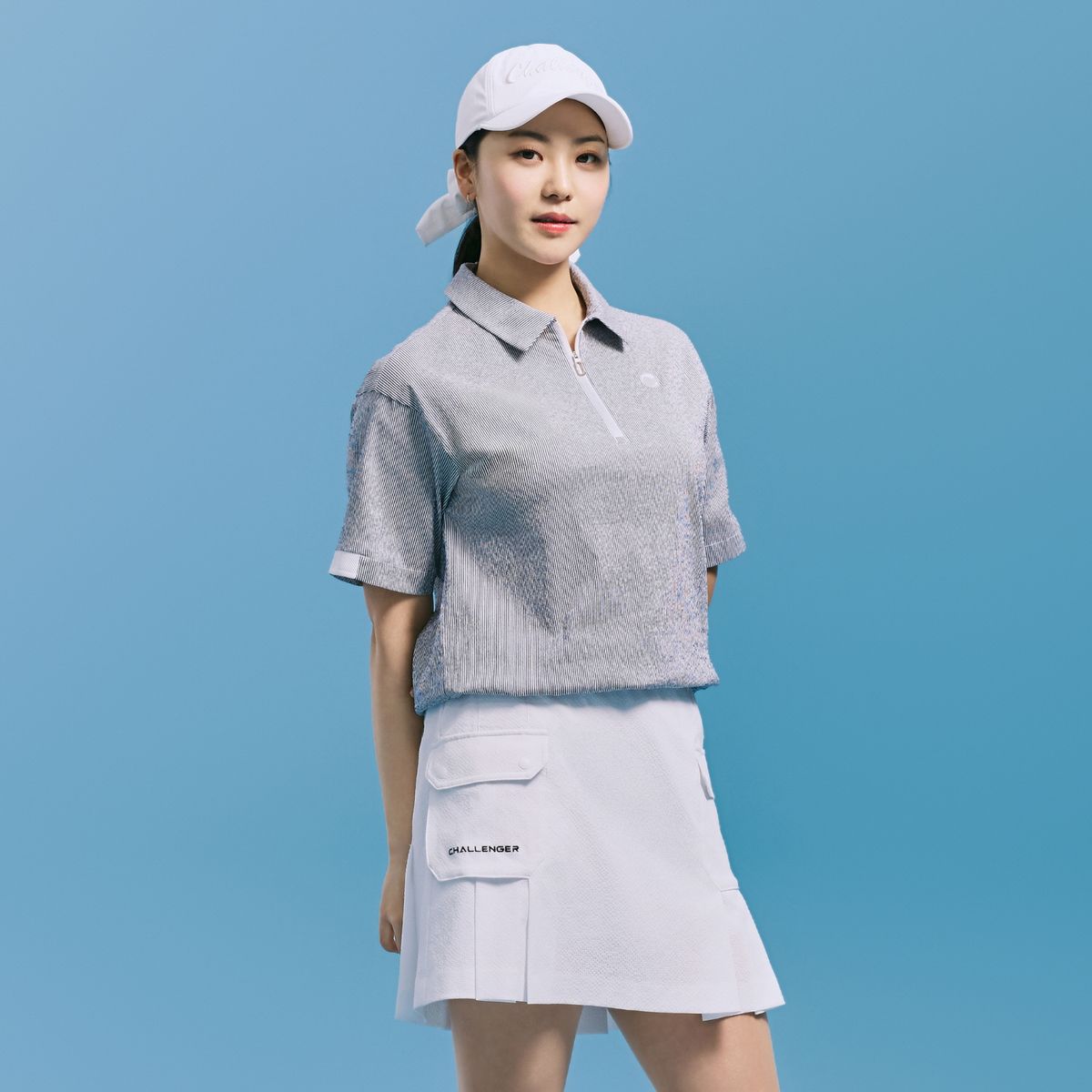 챌린저(CHALLENGER) 여성 시어서커 밑단 스트링 카라 우븐탑 네이비