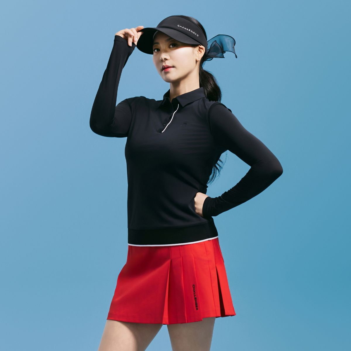 챌린저(CHALLENGER) 여성 냉감소매 카라 긴팔 썬가드 티셔츠 블랙