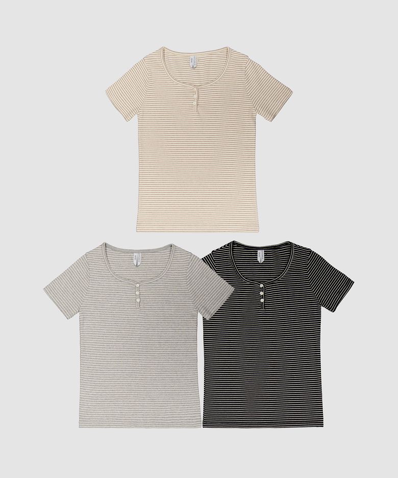 D. BASIC STRIPE BUTTON TEE - 3 COLOR